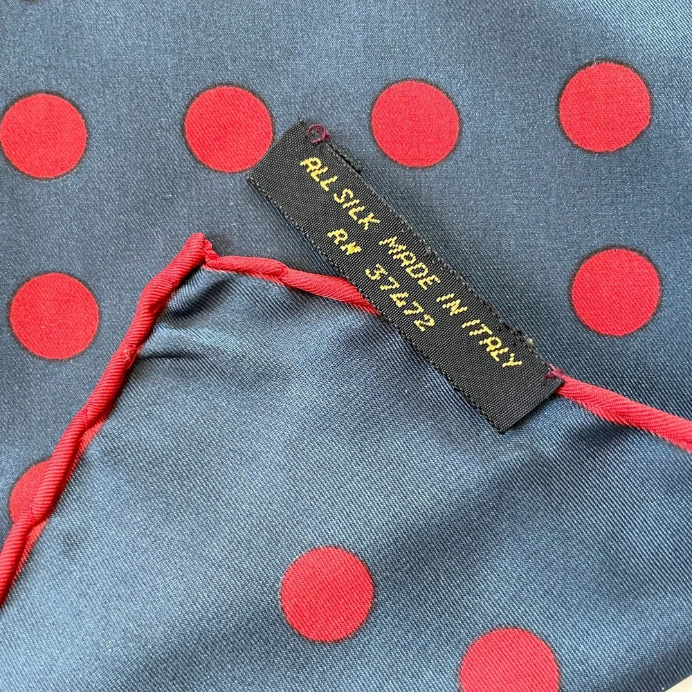 Vintage 70s Polka Dot Silk Scarf Square Navy Red Italy Timeless MCM Capsule